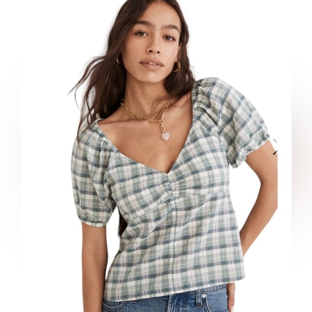 MADEWELL PLAID PUFF SLEEVE RUCHED BODICE GREEN WHITE MILKMAID TOP XS